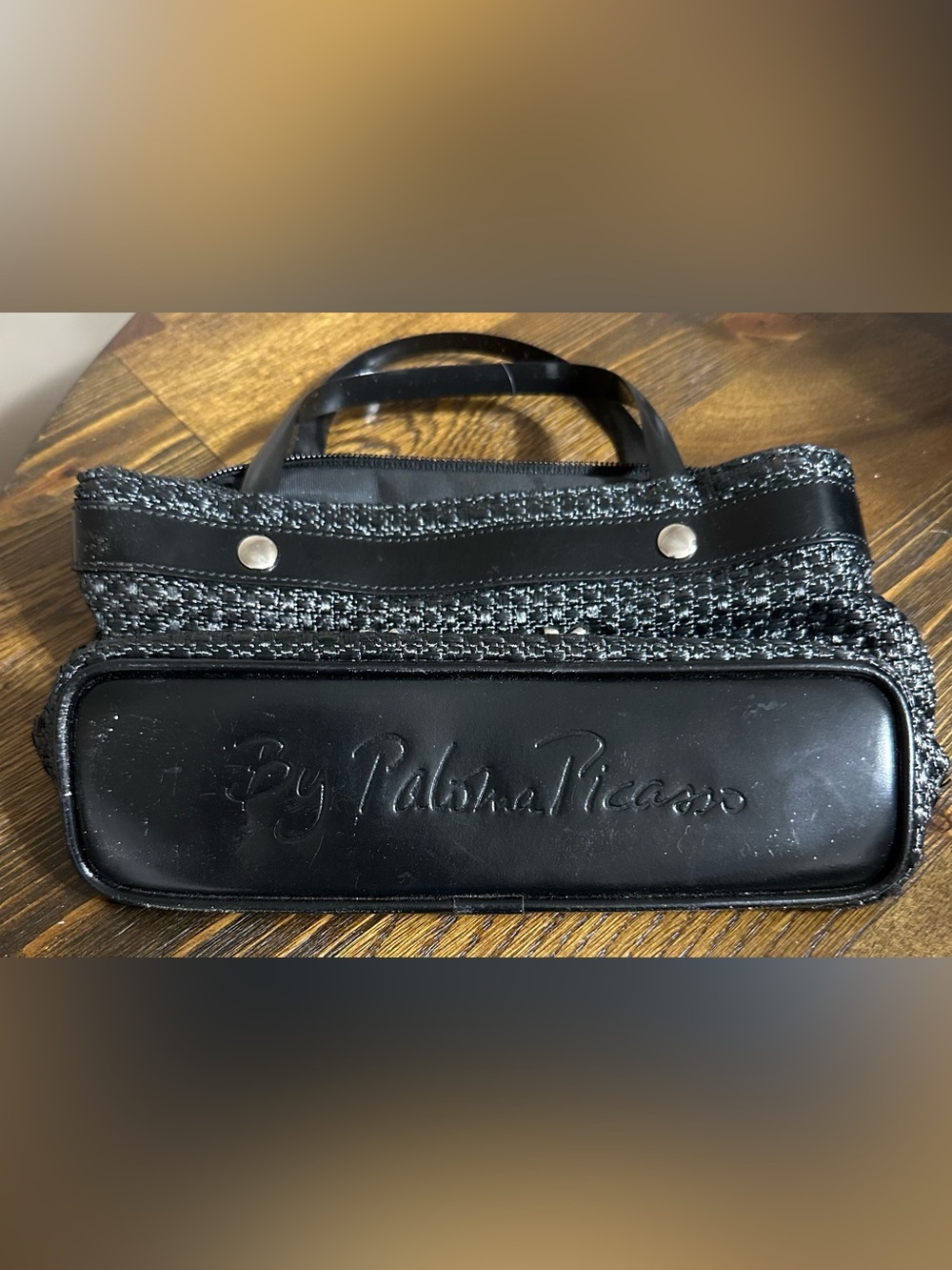 Paloma Picasso Black Tweed and Leather Satchel